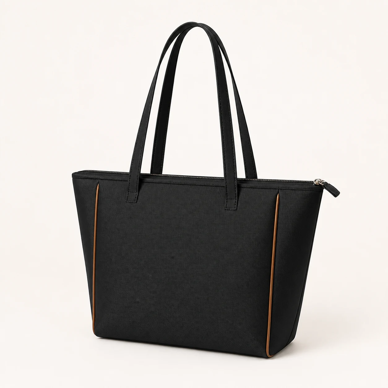 Black structured zip-top tote bag made from water-resistant woven fabric